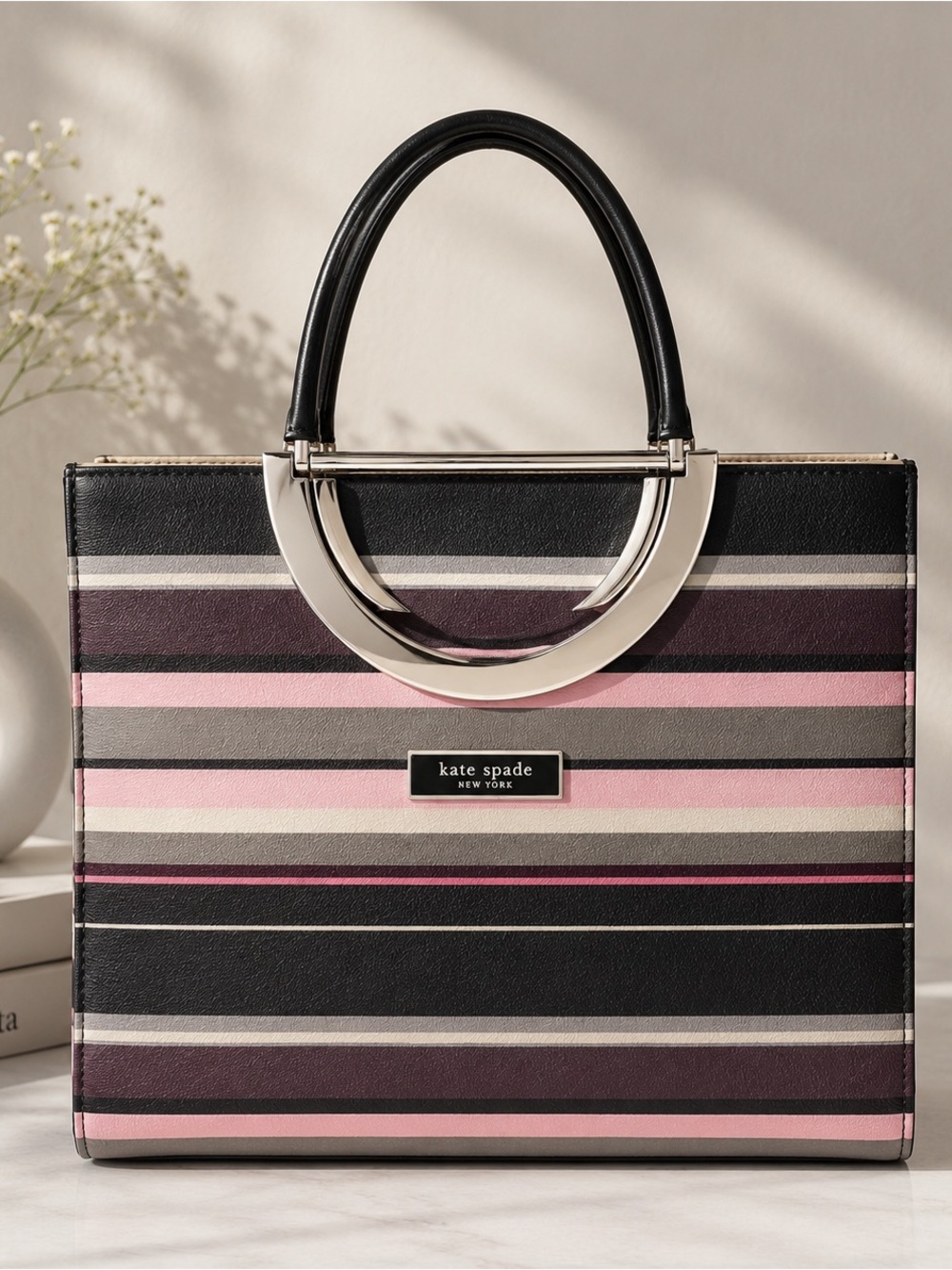 Vintage Y2K -Era ♠️ Black, Pink Striped Tote Silver handles timeless GUC